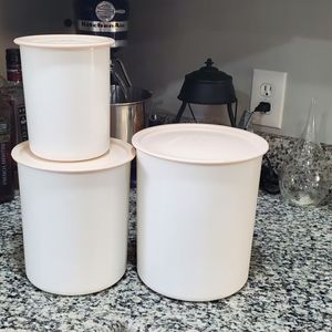Vintage Tupperware Ivory Pink One Touch Nesting Canister Set Early 90s.